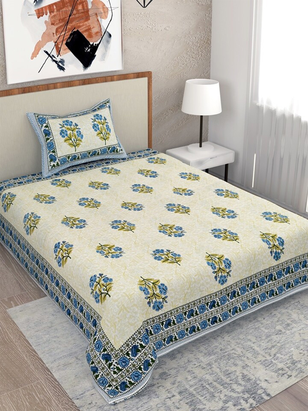

Salona Bichona White & Green Floral 144 TC Queen Bedsheet with 2 Pillow Covers