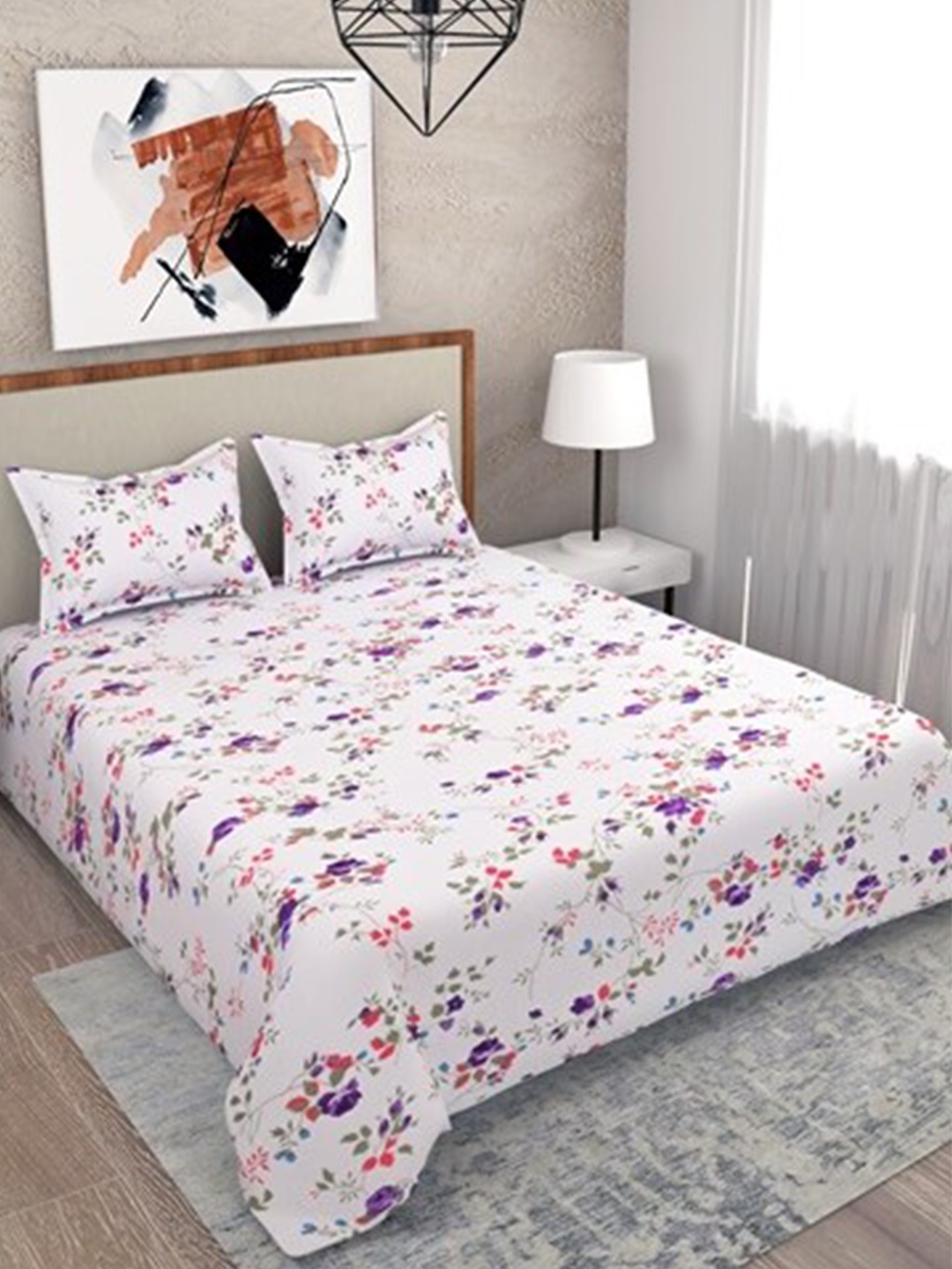 

Salona Bichona White & Green Floral 104 TC Queen Bedsheet with 2 Pillow Covers