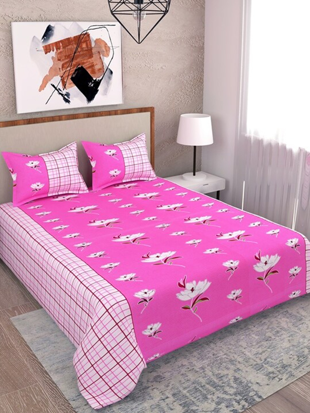 

Salona Bichona Pink & White Floral 104 TC Queen Bedsheet with 2 Pillow Covers