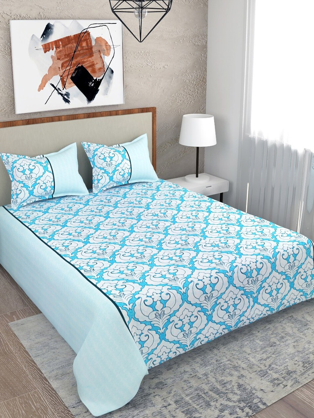 

Salona Bichona Blue & White Floral 104 TC Queen Bedsheet with 2 Pillow Covers