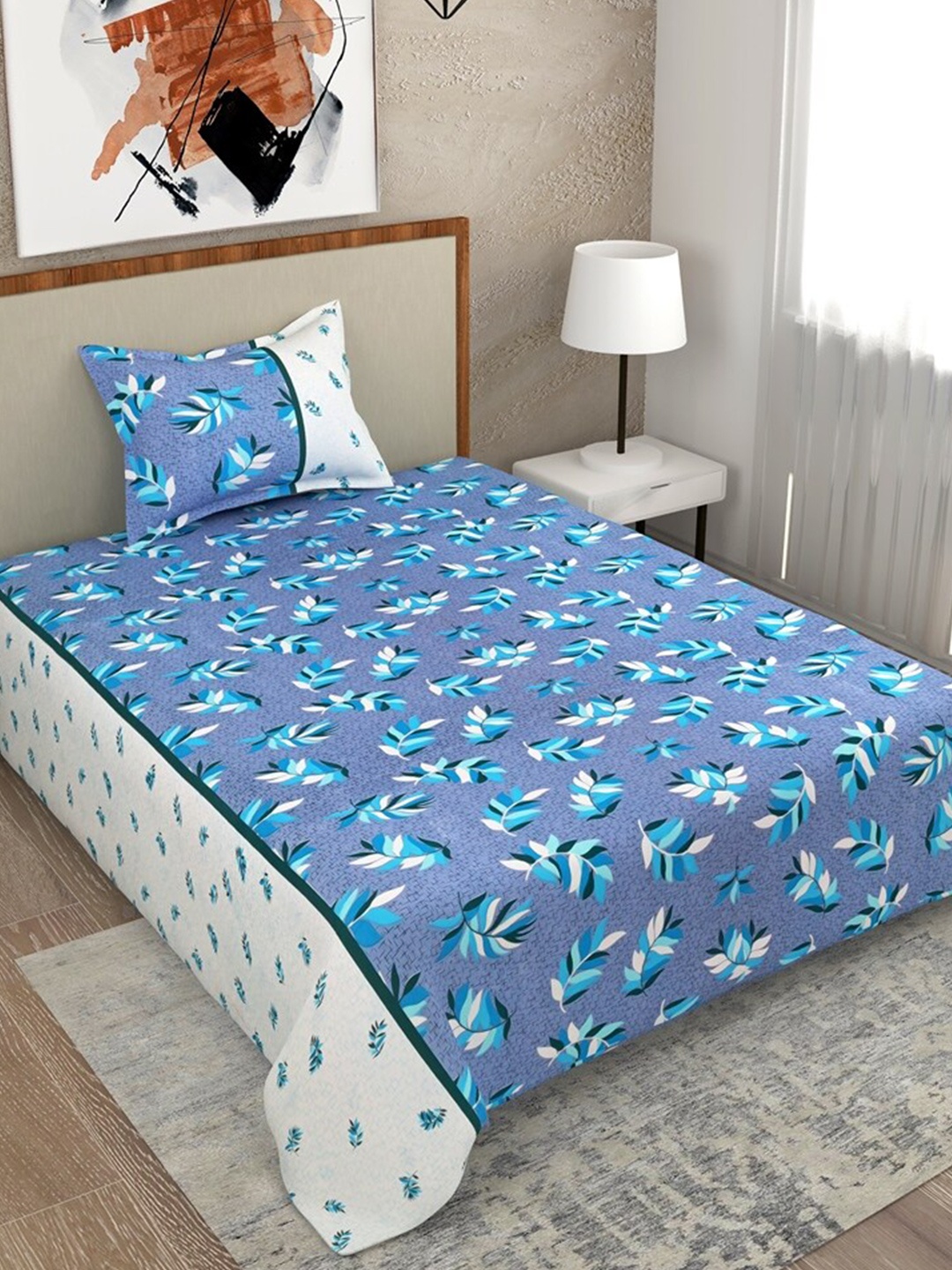 

Salona Bichona Blue & Sea Green Floral 104 TC Single Bedsheet with 1 Pillow Covers