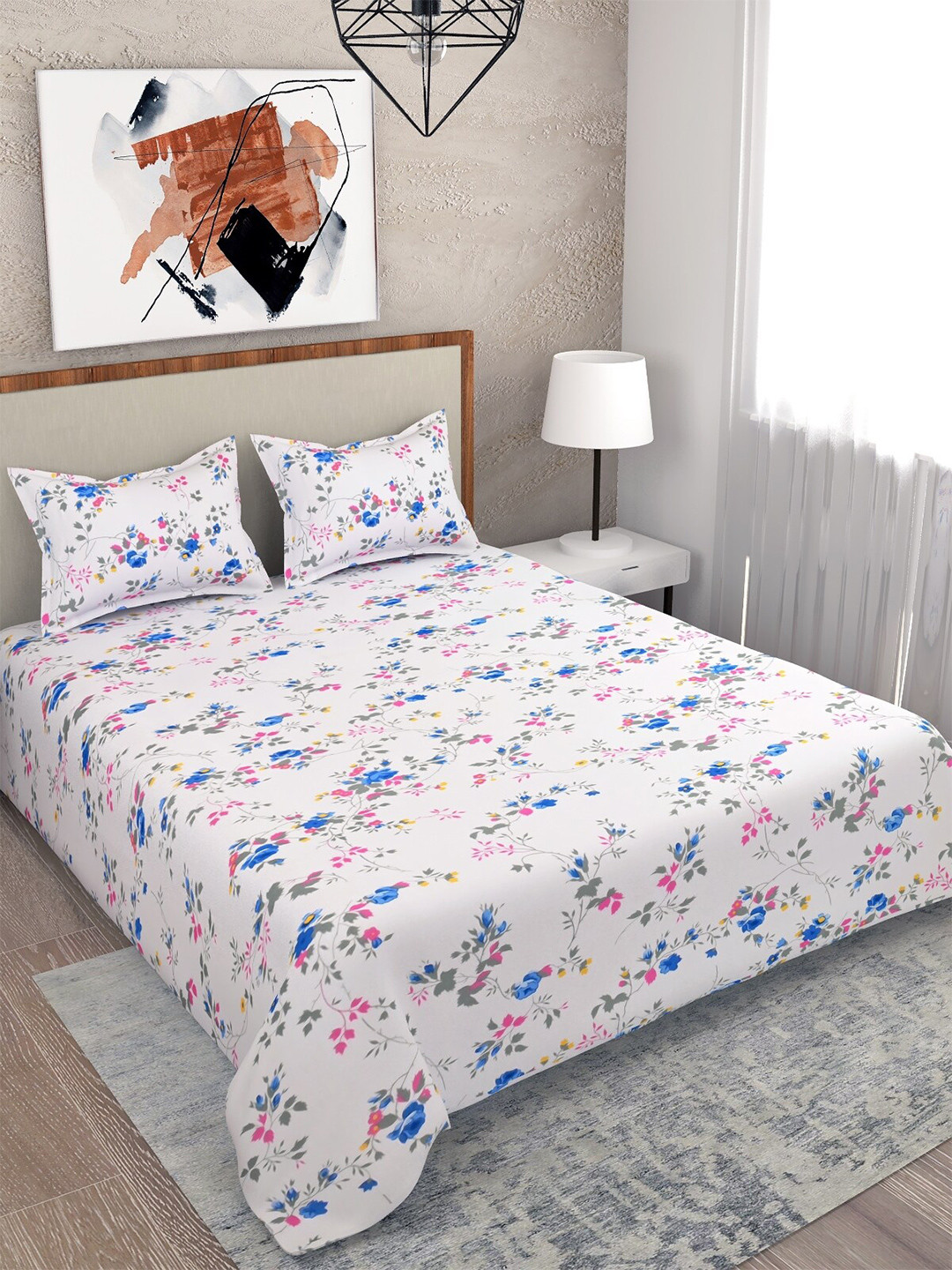 

Salona Bichona Blue & Yellow 104 TC Queen Bedsheet with 2 Pillow Covers