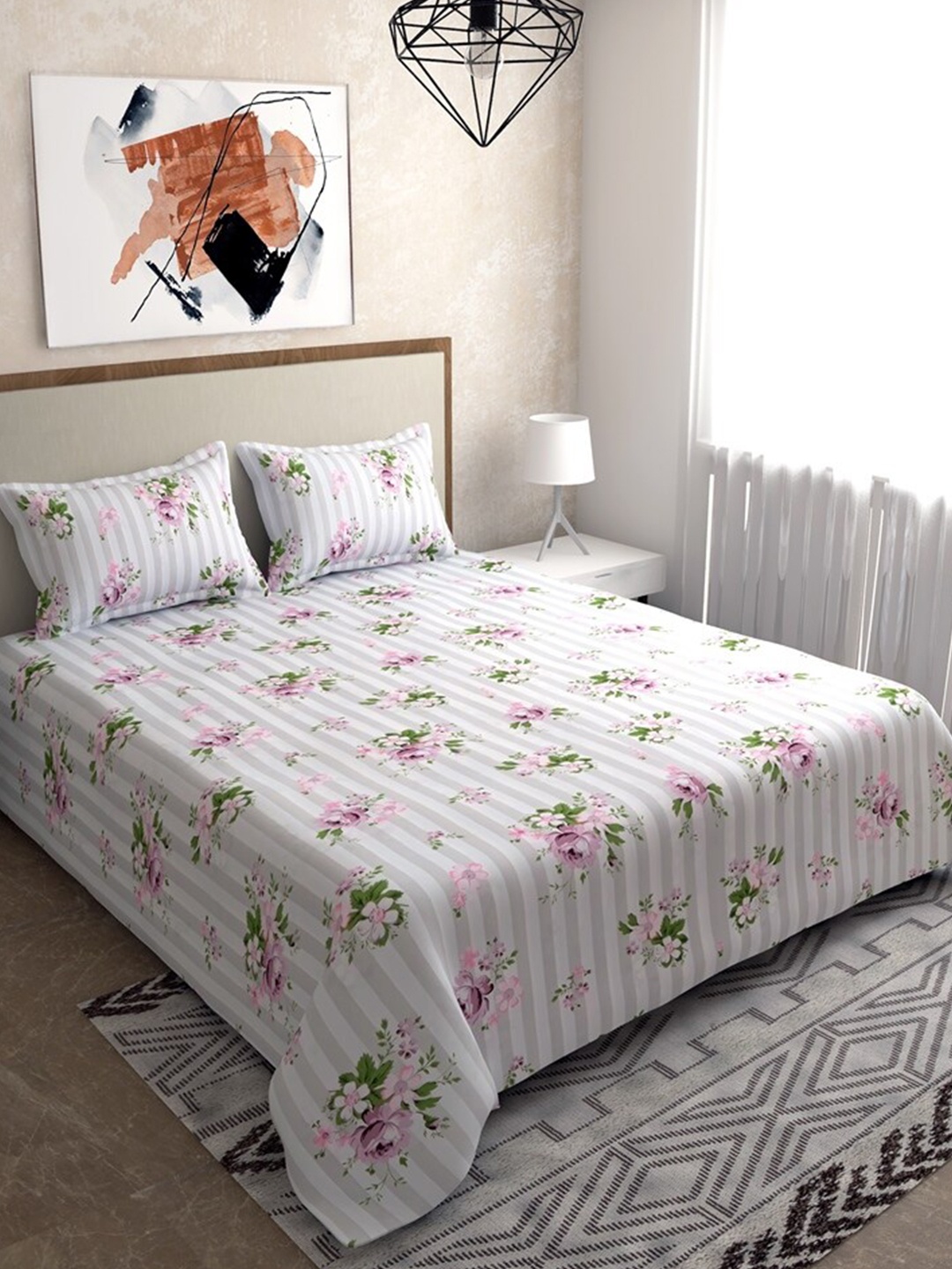 

Salona Bichona Pink & Green 144 TC King Bedsheet with 2 Pillow Covers