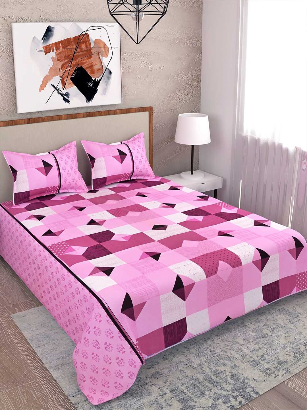 

Salona Bichona Pink & White Geometric 104 TC Queen Bedsheet with 2 Pillow Covers