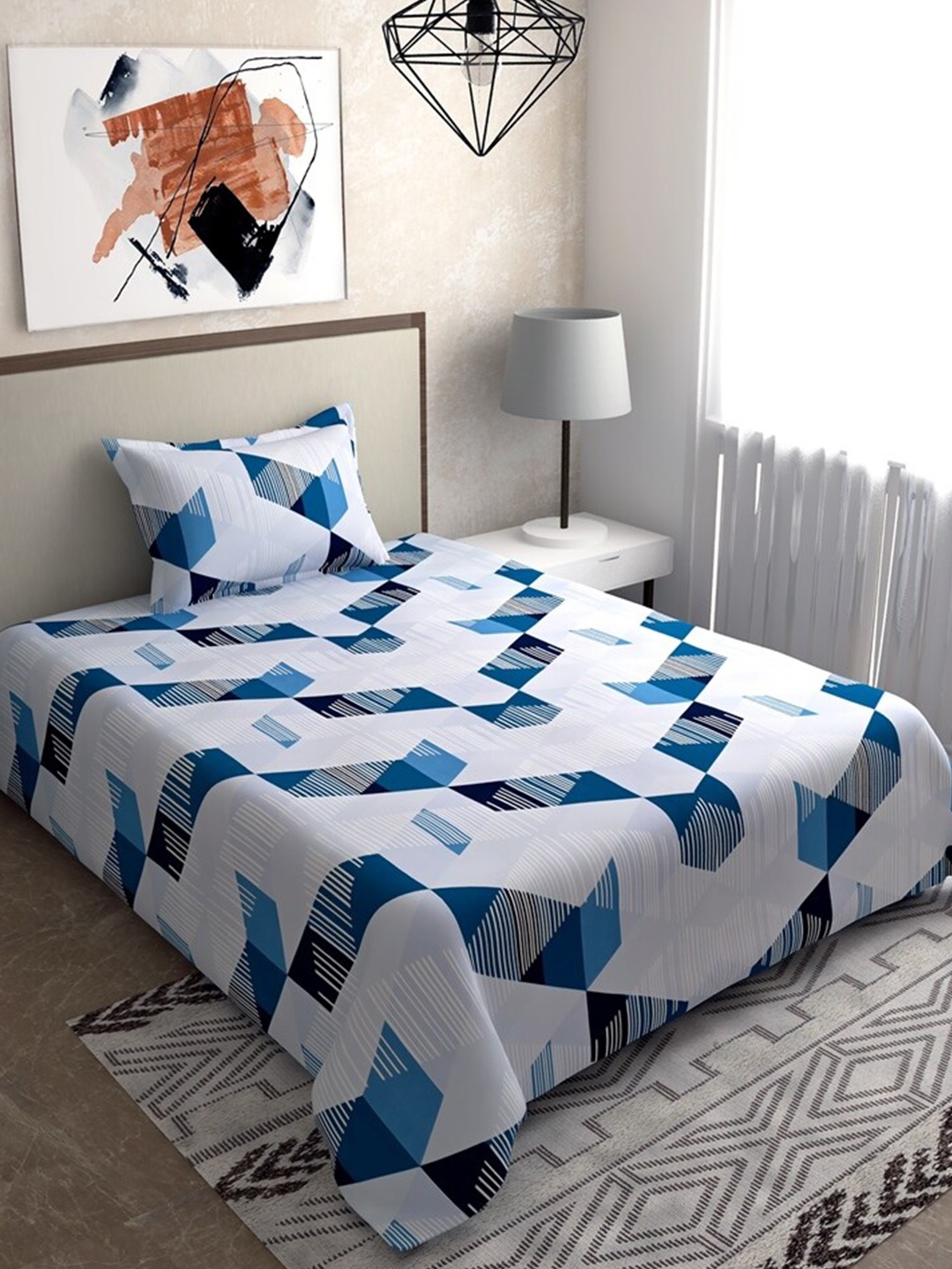 

Salona Bichona Blue & White Geometric 120 TC Single Bedsheet with 1 Pillow Covers