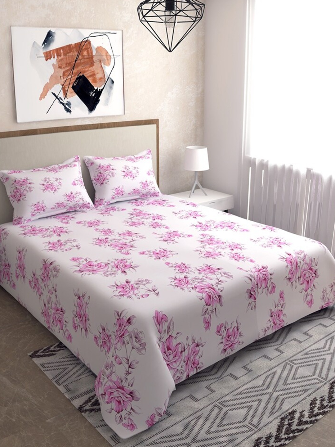 

Salona Bichona Pink & White 104 TC Queen Bedsheet with 2 Pillow Covers