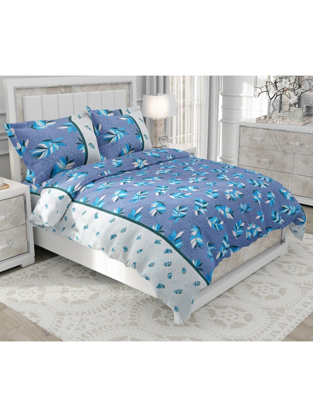 

Salona Bichona Blue & White Floral 104 TC Queen Bedsheet with 2 Pillow Covers