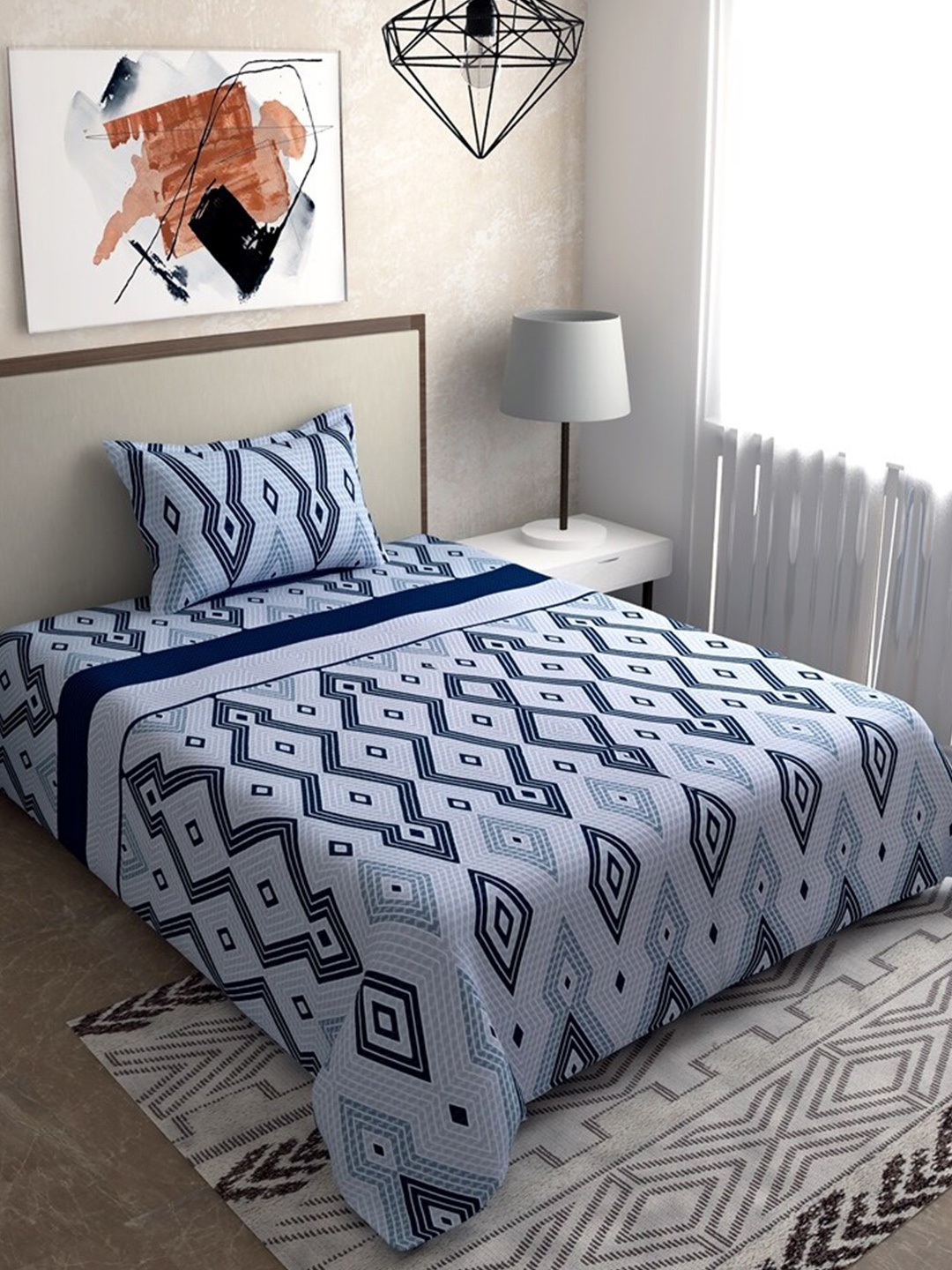 

Salona Bichona Blue Geometric 120 TC Single Bedsheet with 1 Pillow Covers