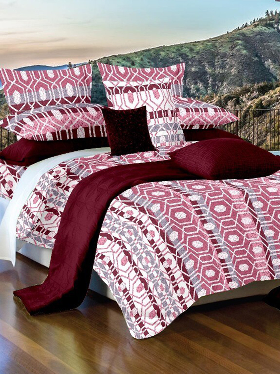 

Salona Bichona Pink & Grey Geometric 180 TC King Bedsheet with 2 Pillow Covers