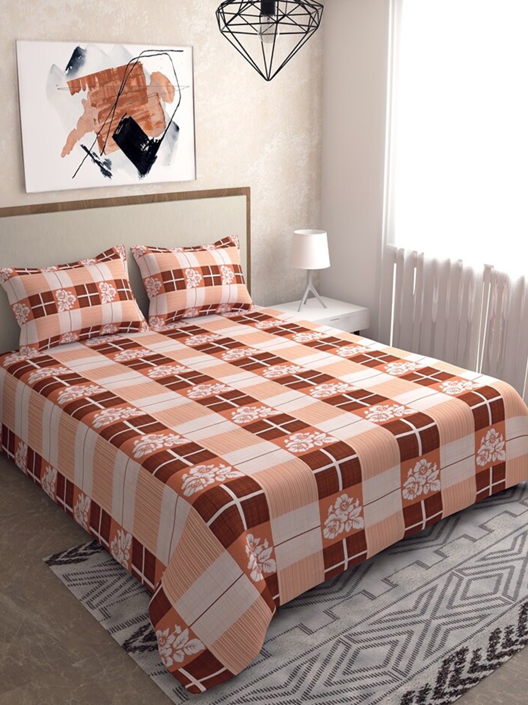 

Salona Bichona Brown & Off White Geometric 104 TC Queen Bedsheet with 2 Pillow Covers
