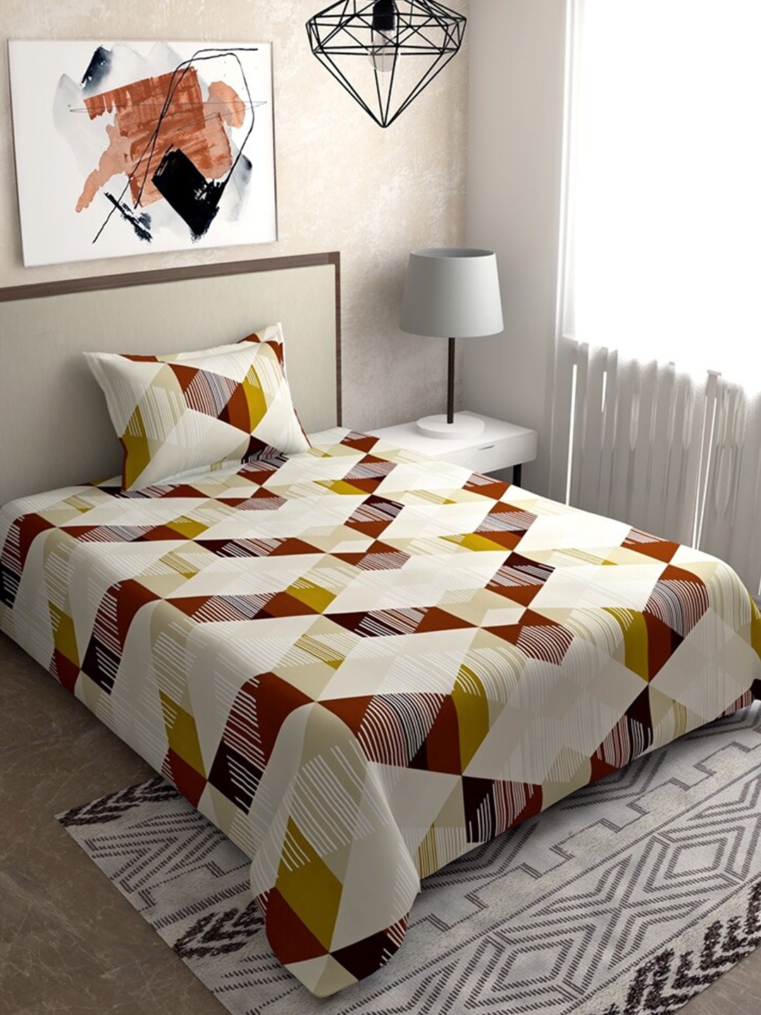 

Salona Bichona Green & White 120 TC Single Bedsheet with 1 Pillow Covers