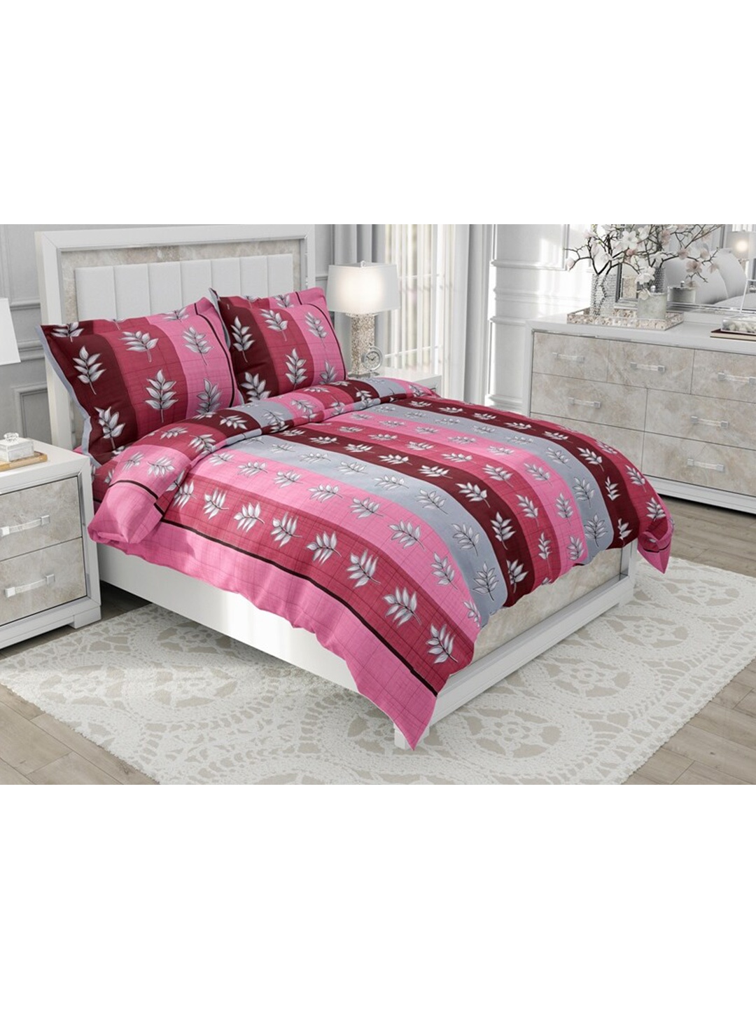 

Salona Bichona Pink & Grey Floral 104 TC Queen Bedsheet with 2 Pillow Covers