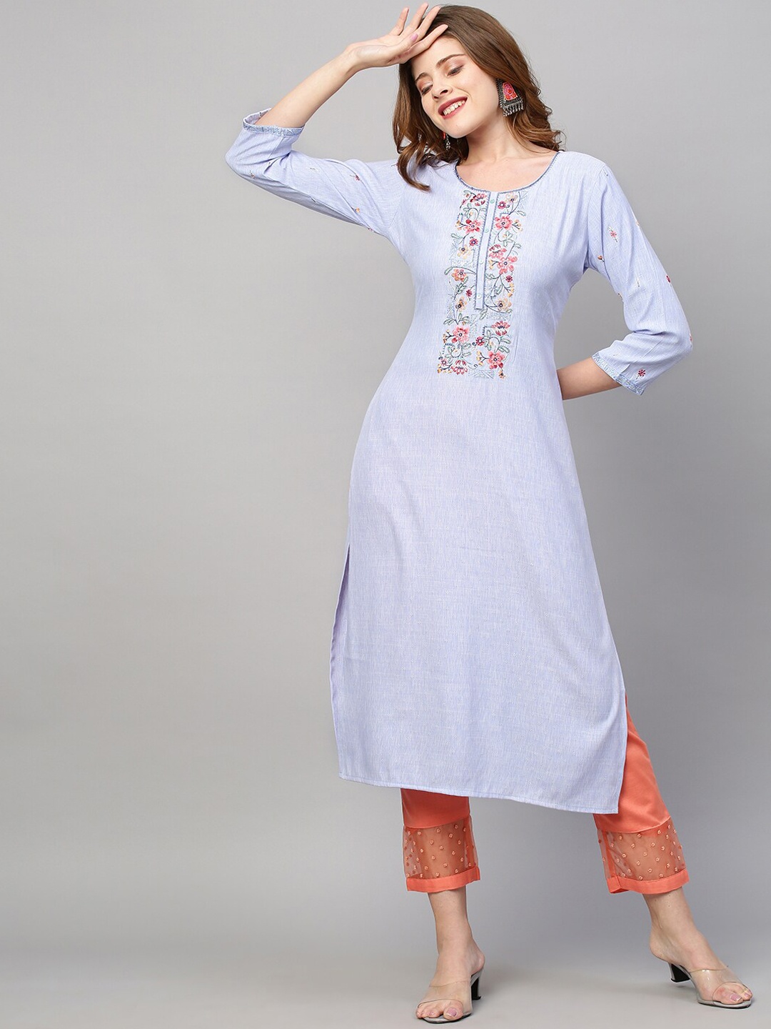 

FASHOR Women Purple Floral Yoke Design Thread Work Kurta