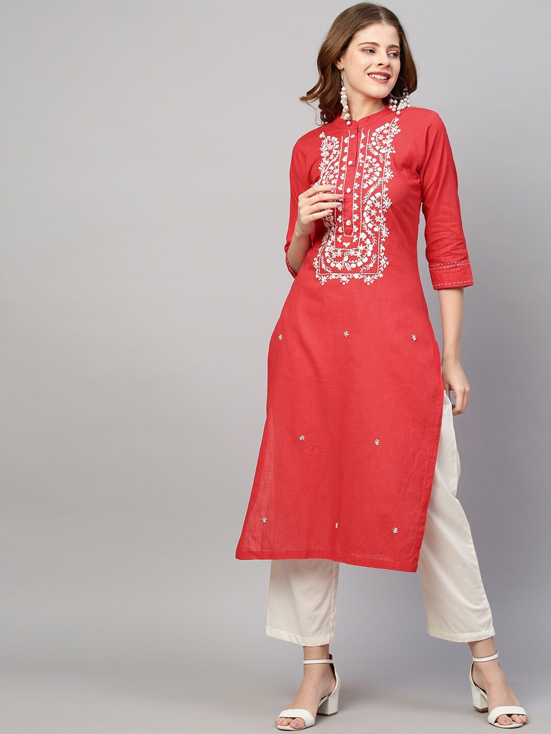

FASHOR Red Ethnic Motifs Yoke Design Thread Work Kurta