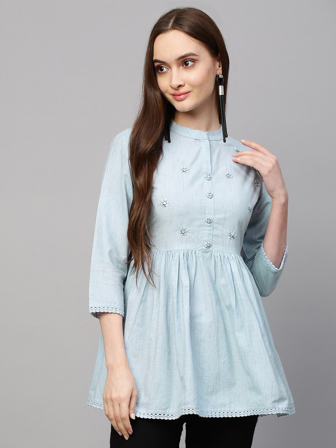 

FASHOR Blue Solid Floral Embroidered Pure Cotton Kurti