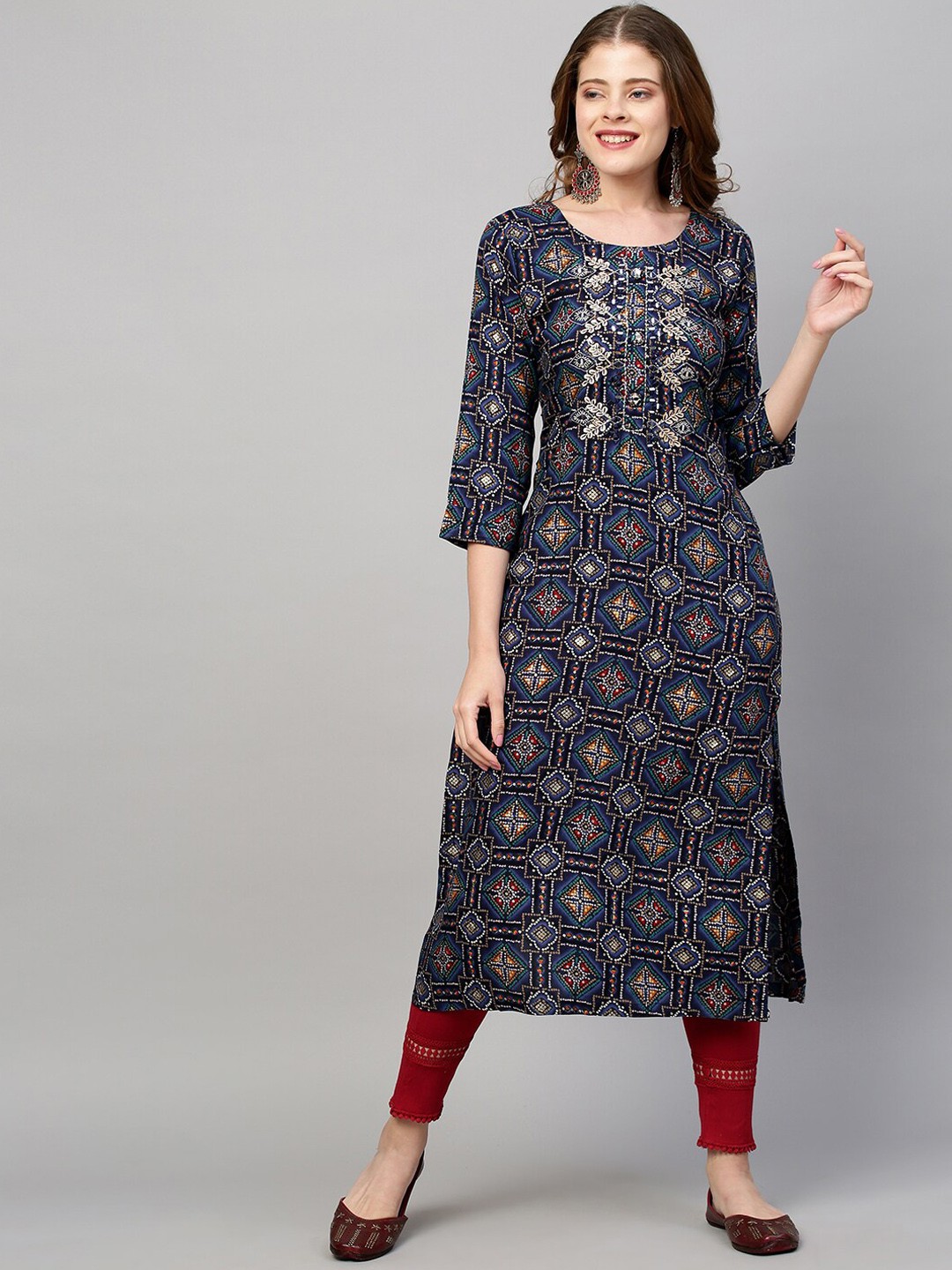 

FASHOR Women Blue Ethnic Motifs Printed Straight Kurta
