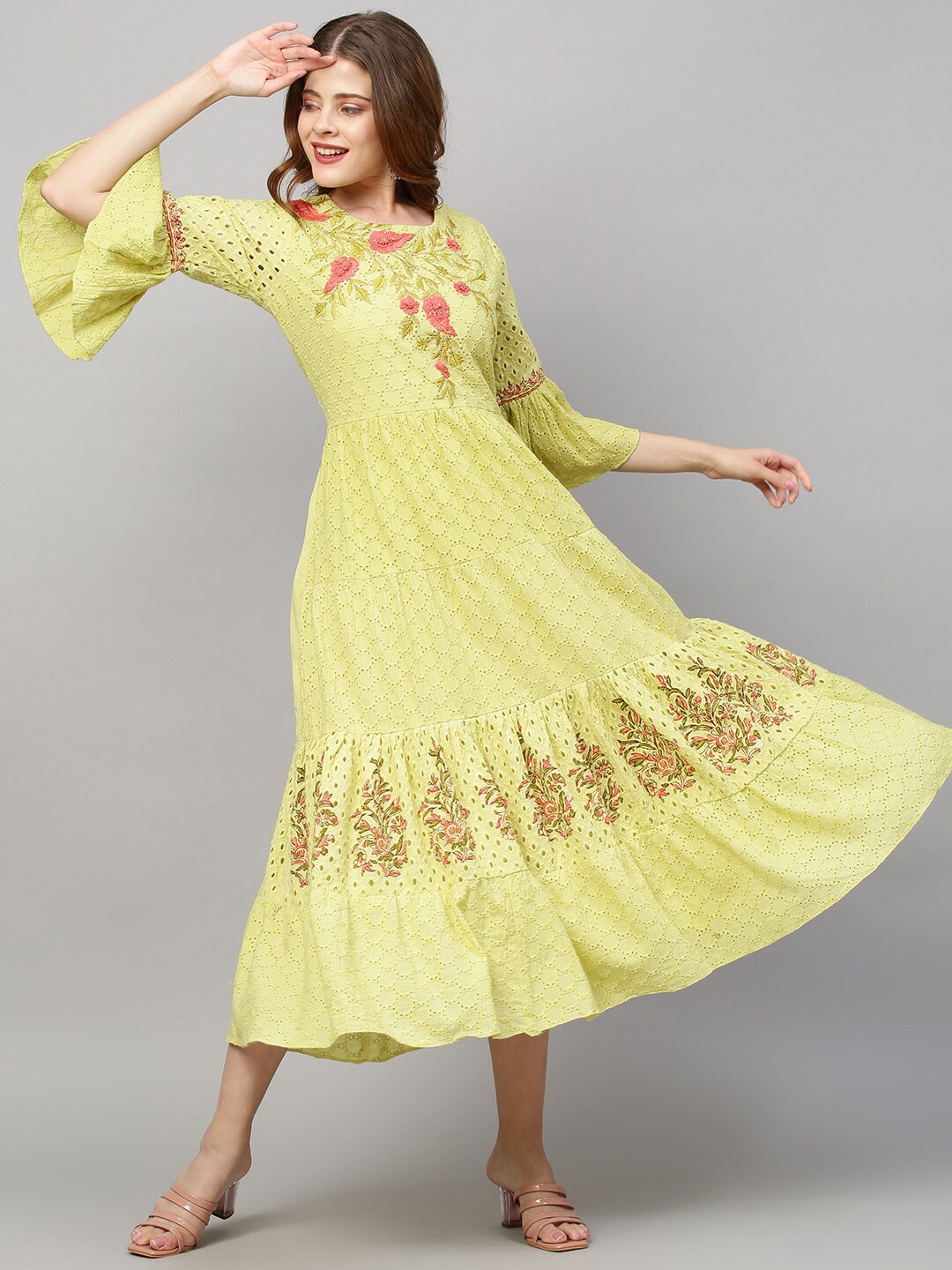 FASHOR Green Floral A-Line Midi Tiered Dress