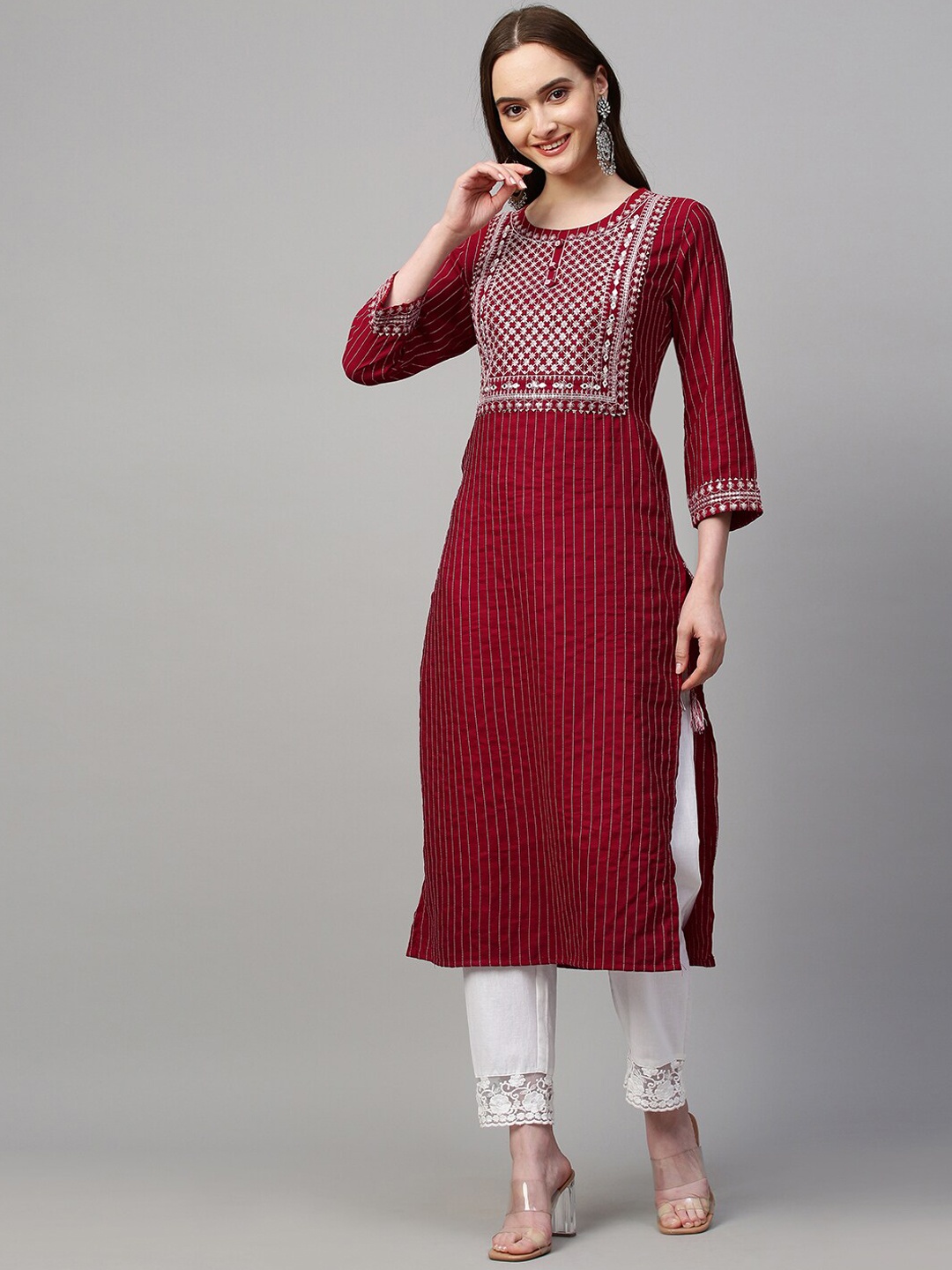 

FASHOR Women Red Striped Embroidered Detail Kurta
