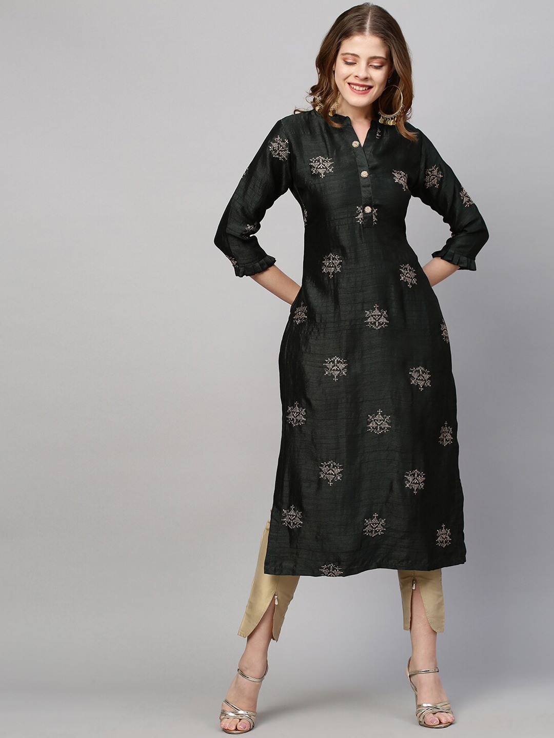 

FASHOR Women Green & White Ethnic Motifs Straight Kurta