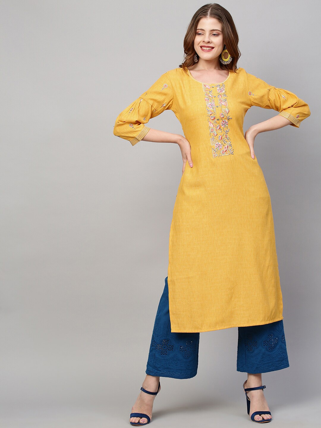 

FASHOR Yellow Quirky Yoke Design Thread Work Kurta