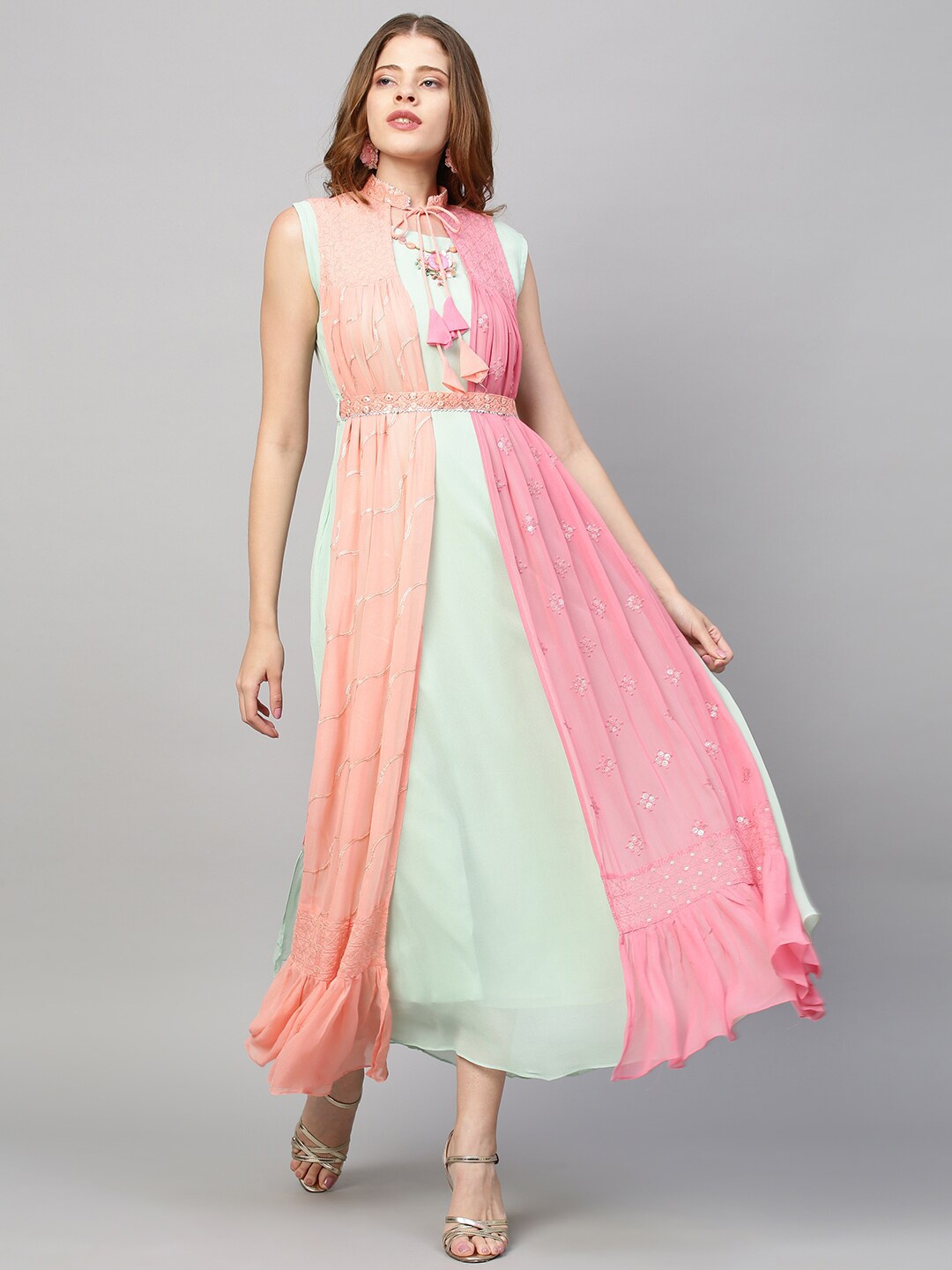 

FASHOR Green & Pink Floral Georgette Maxi Dress