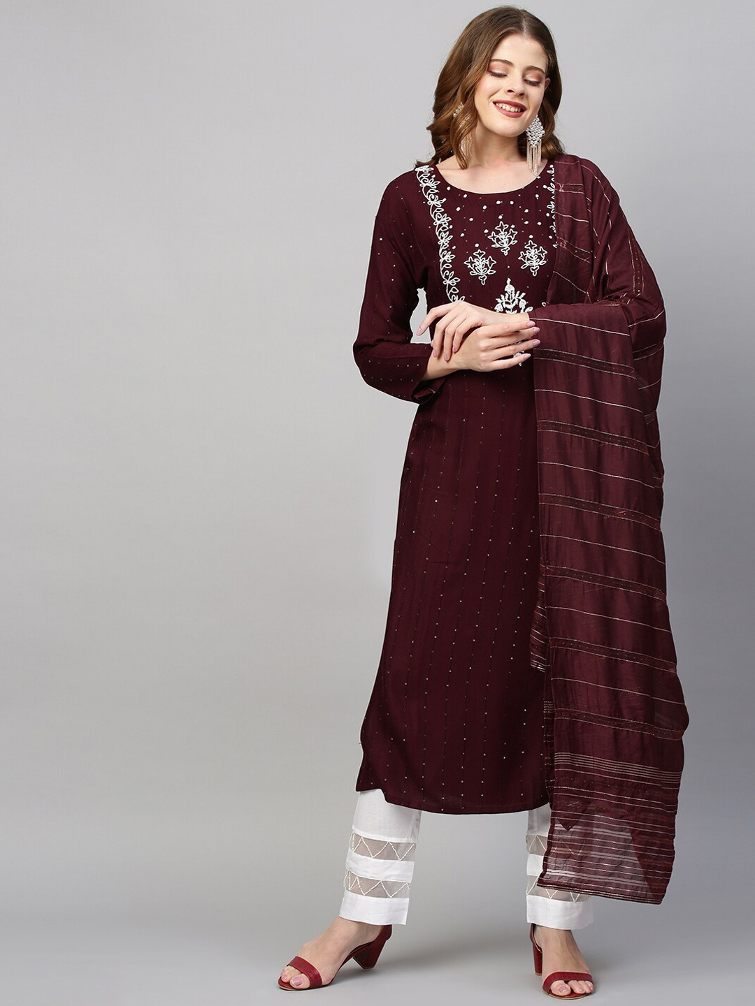 

FASHOR Women Burgundy Embroidered Kurta With Dupatta