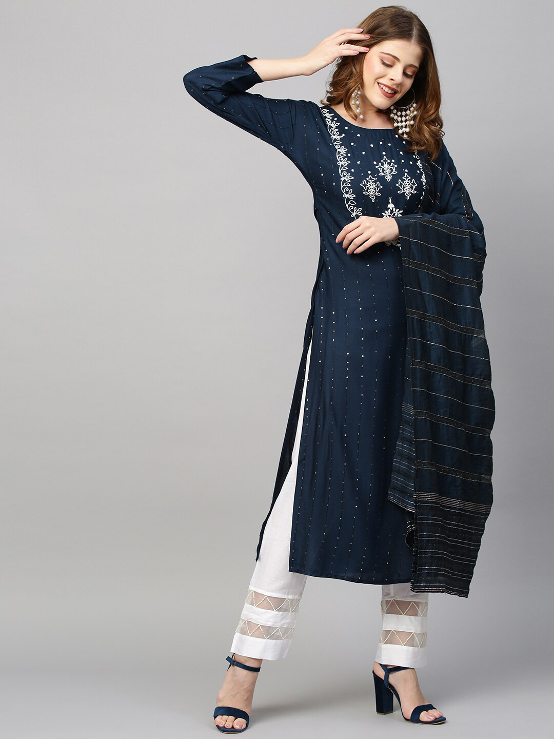

FASHOR Women Navy Blue Ethnic Motifs Embroidered Kurta & Dupatta