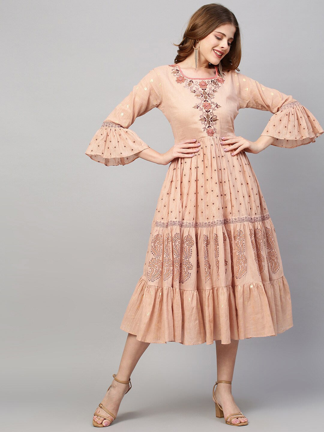 

FASHOR Peach-Coloured Ethnic Motifs Embroidered Bell Sleeves Ethnic Midi Dress