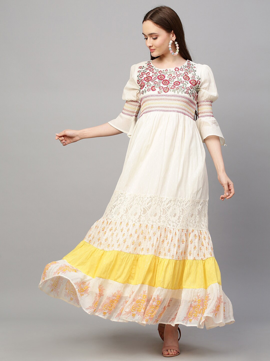 

FASHOR Women Cream Floral Embroidered & Printed Tiered Flared Maxi Dress