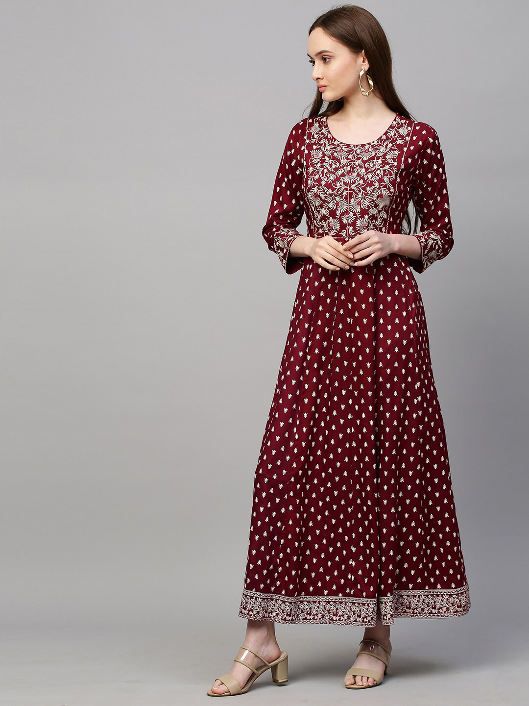 

FASHOR Maroon Ethnic Motifs Embroidered Ethnic Maxi Dress