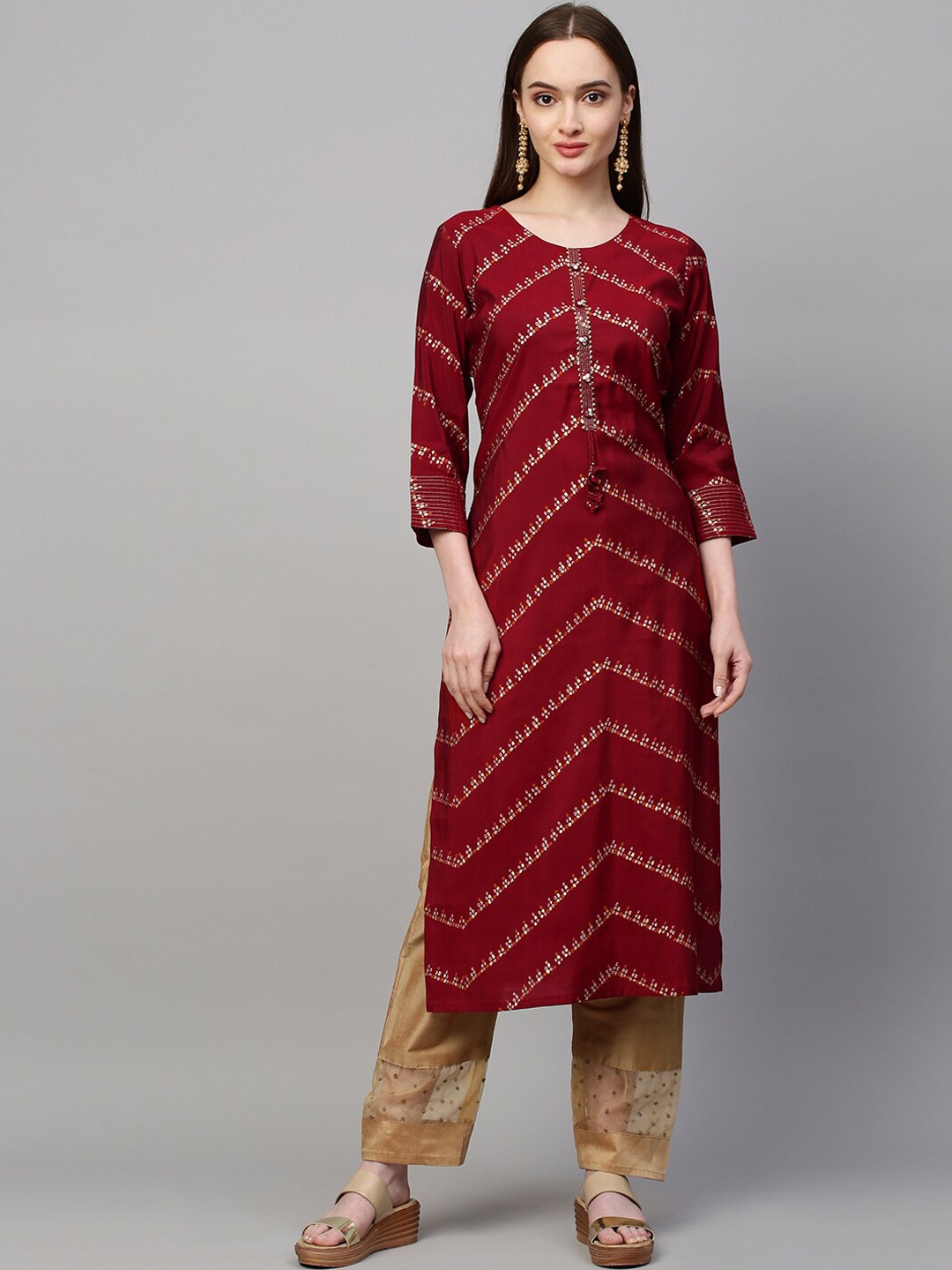 

FASHOR Women Maroon Geometric Printed Gotta Patti Cotton silk Kurta