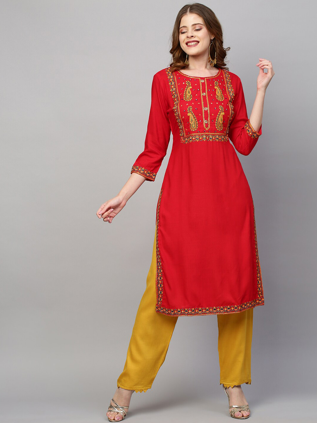 

FASHOR Women Red & Yellow Ethnic Motifs Round Neck Straight Kurta
