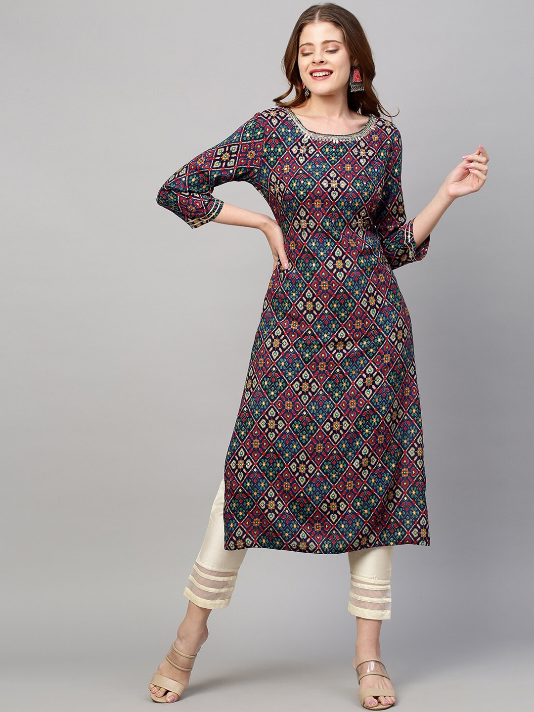

FASHOR Navy Blue Floral Printed Kurta