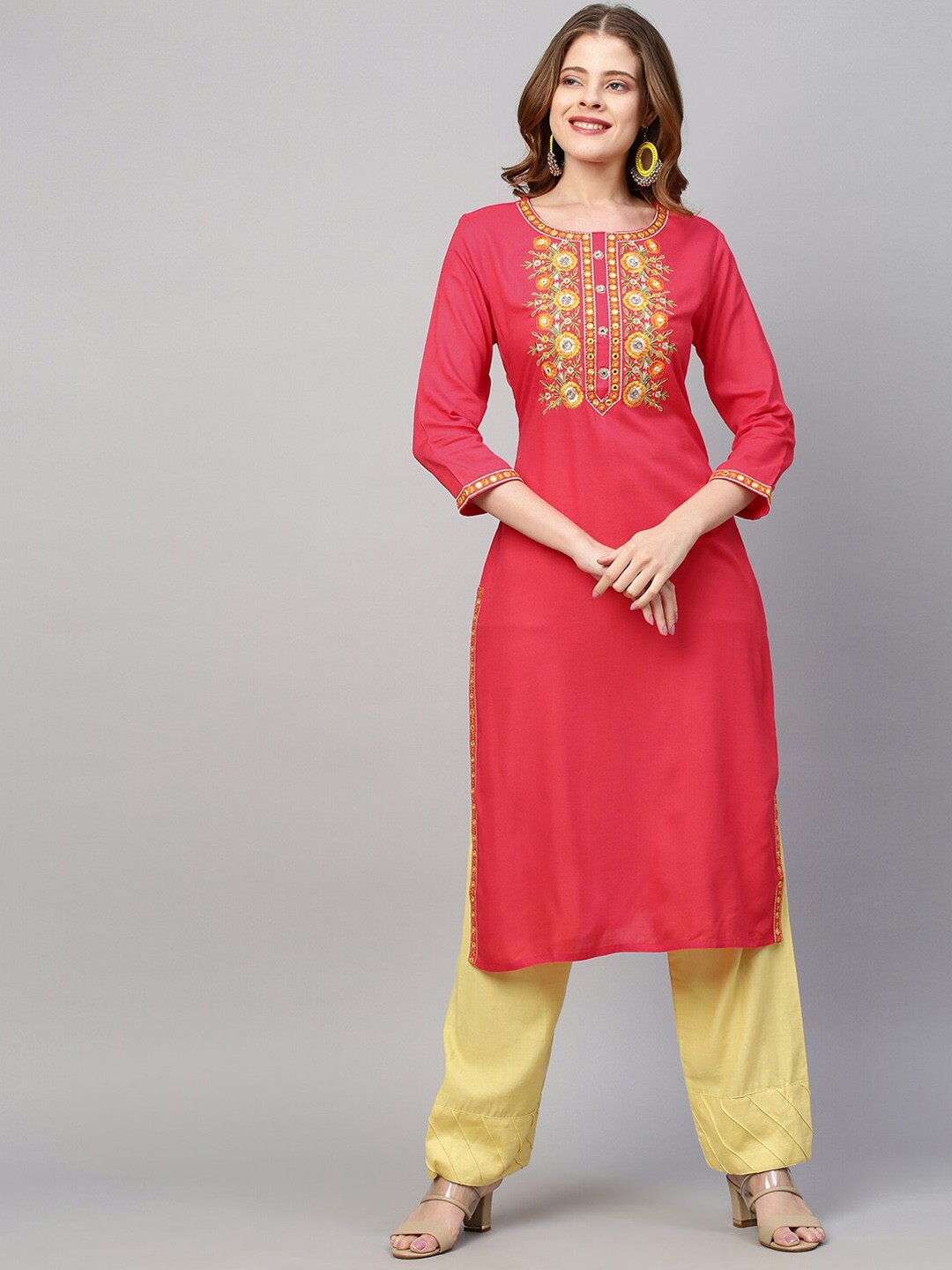 

FASHOR Women Pink & Yellow Embroidered Thread Work Kurta