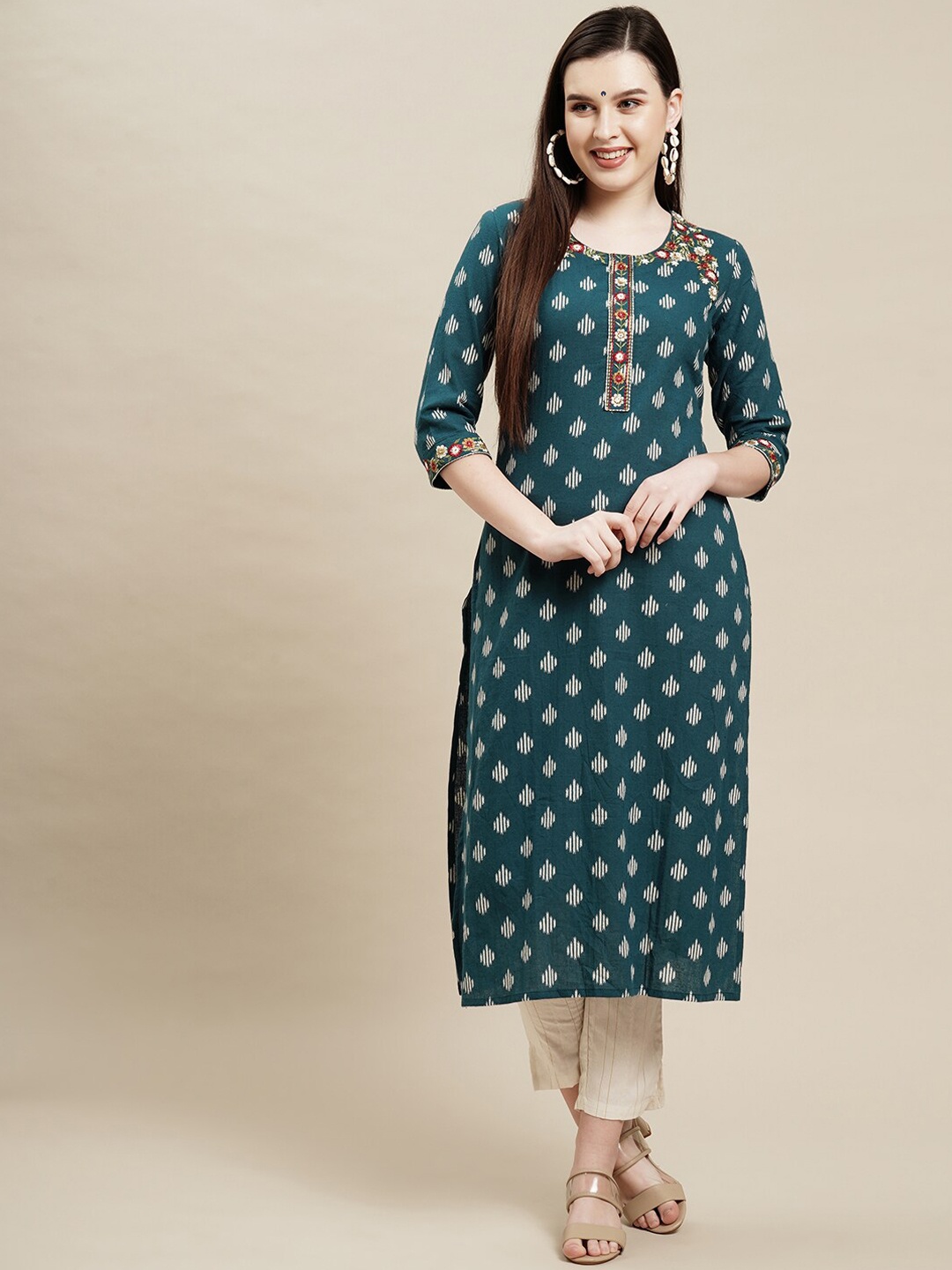 FASHOR Women Teal Floral& Printed Thread Work Kurta
