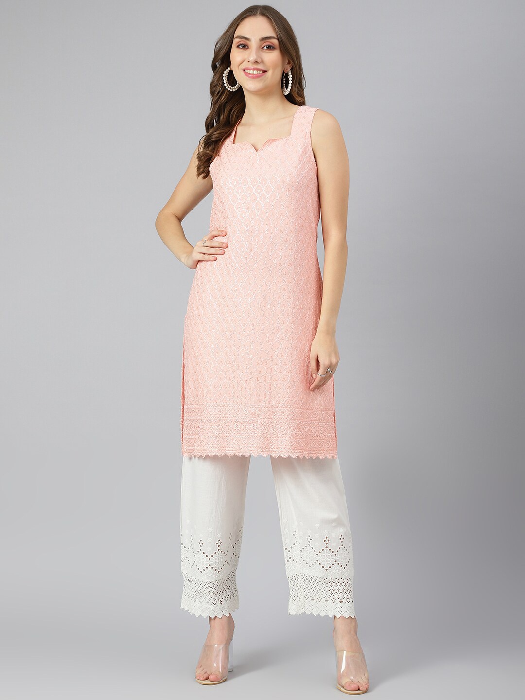 

Lagashi Women Peach-Coloured Geometric Striped Kurta