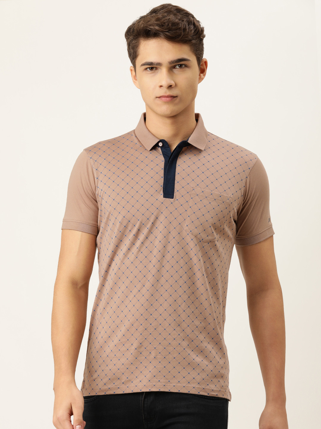 

Peter England Men Brown & Blue Printed Polo Collar Pure Cotton T-shirt