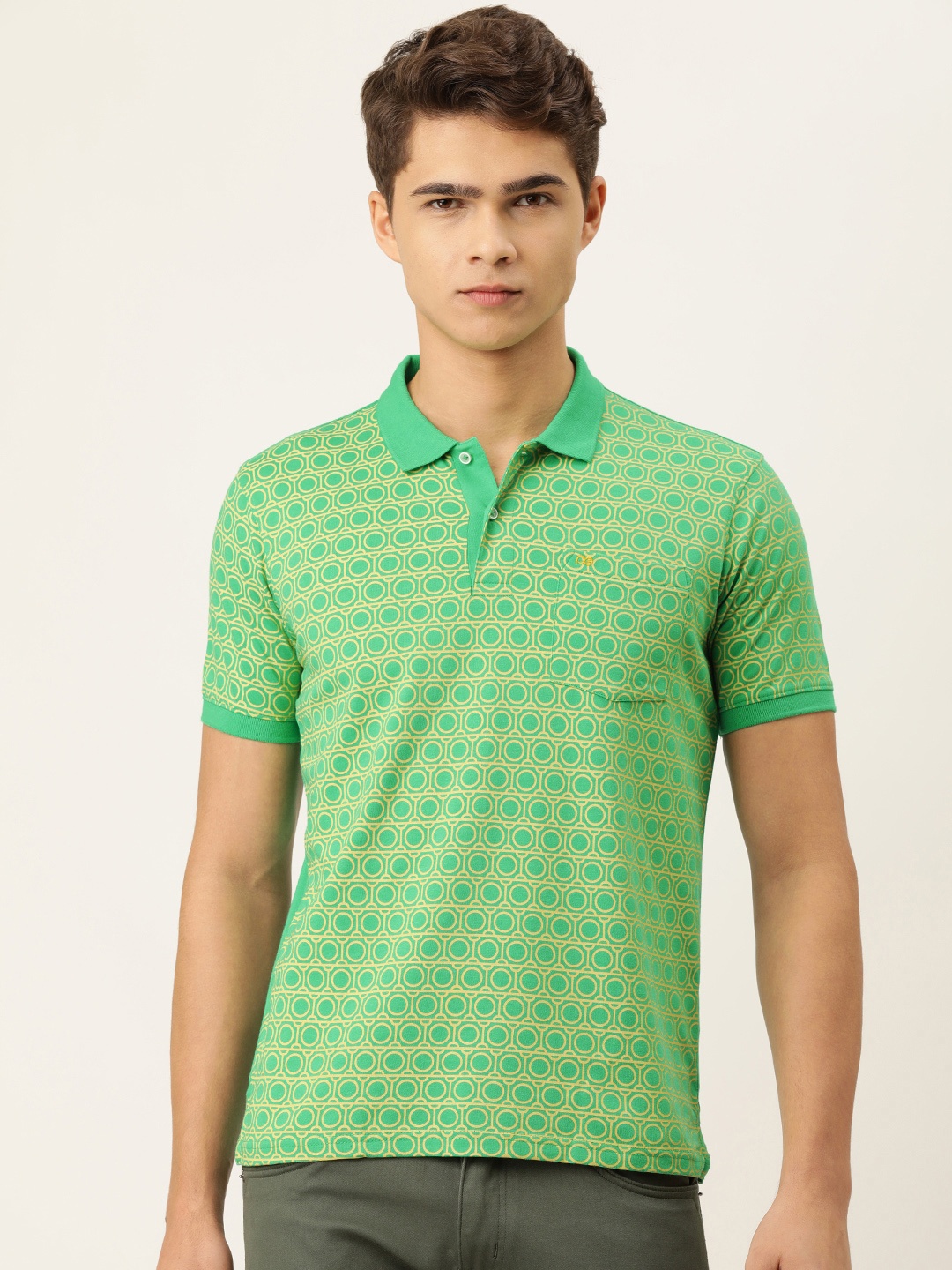 

Peter England Men Green & Mustard Yellow Printed Polo Collar T-shirt