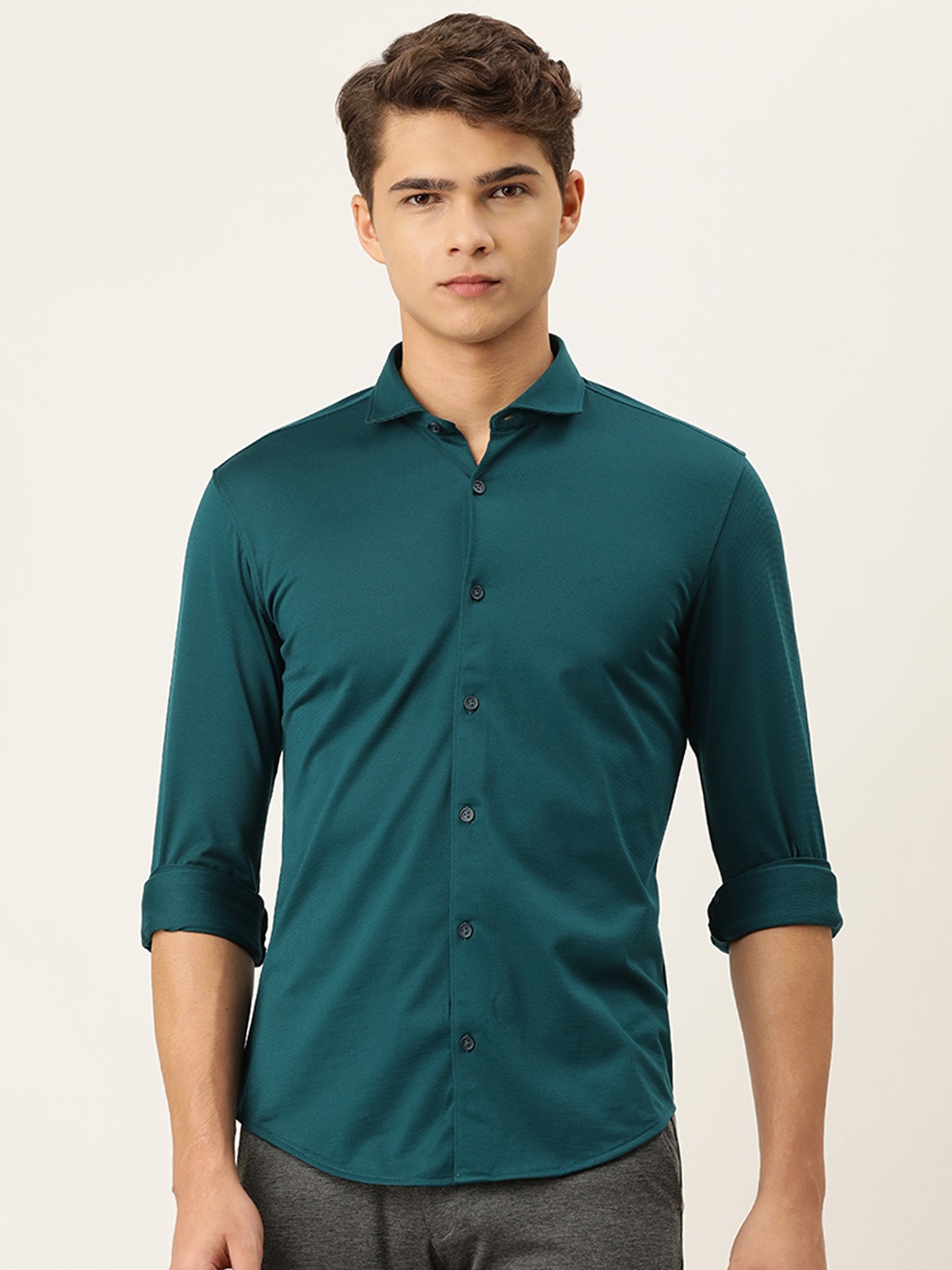 

Peter England Men Teal Blue Solid Super Slim Fit Casual Shirt