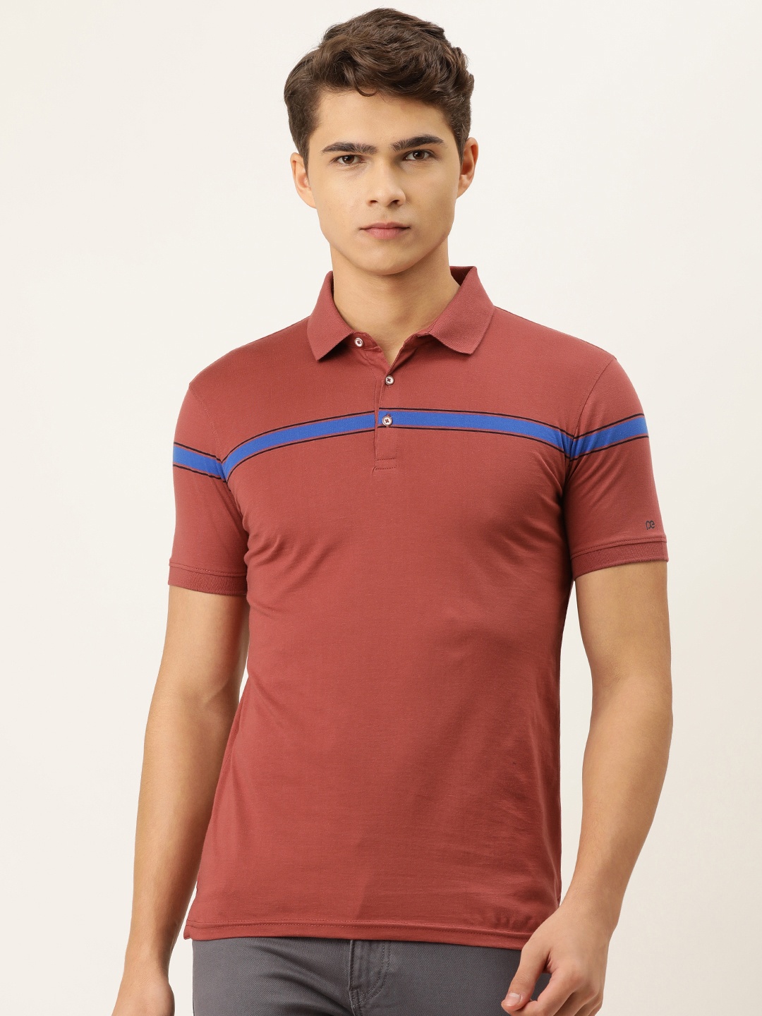 

Peter England Men Maroon & Blue Striped Polo Collar T-shirt