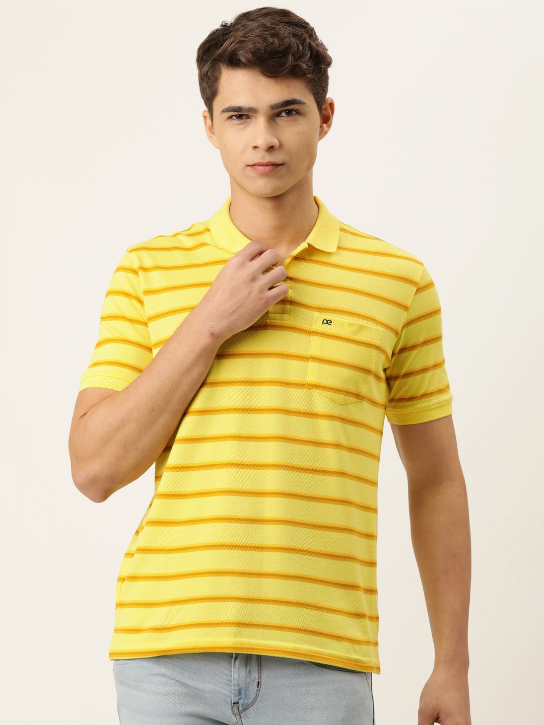 

Peter England Men Yellow Striped Polo Collar T-shirt