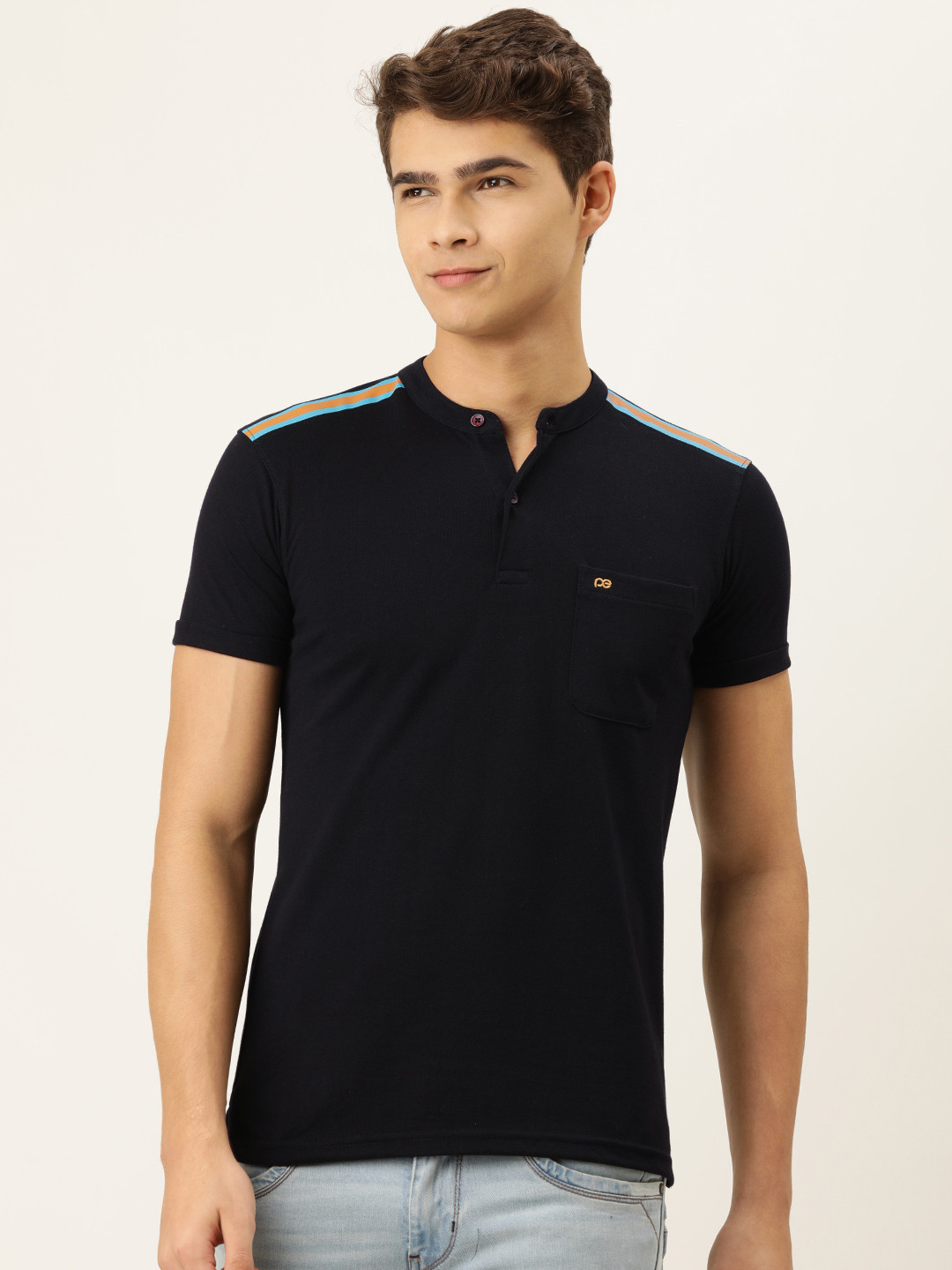 

Peter England Men Black Side Striped Henley Neck T-shirt