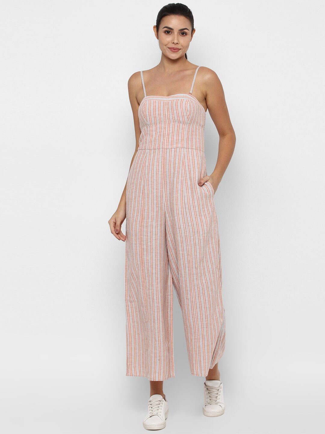 AMERICAN EAGLE OUTFITTERS Orange & White Striped Basic Jumpsuit 88% Cotton