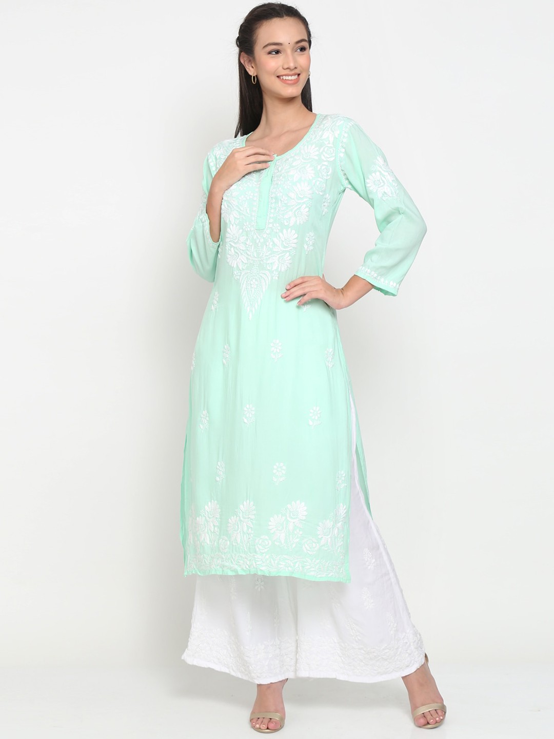 

PARAMOUNT CHIKAN Women Sea Green Ethnic Motifs Embroidered Chikankari Pastels Kurta