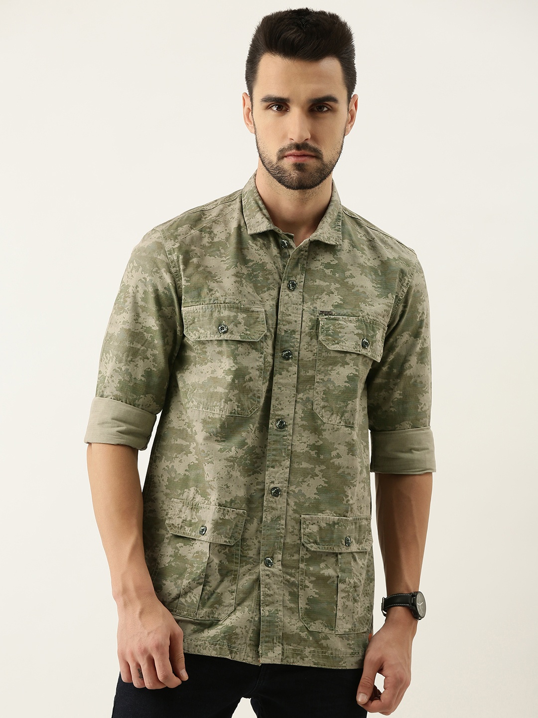 

Peter England Casuals Men Olive Green Slim Fit Printed Pure Cotton Casual Shirt