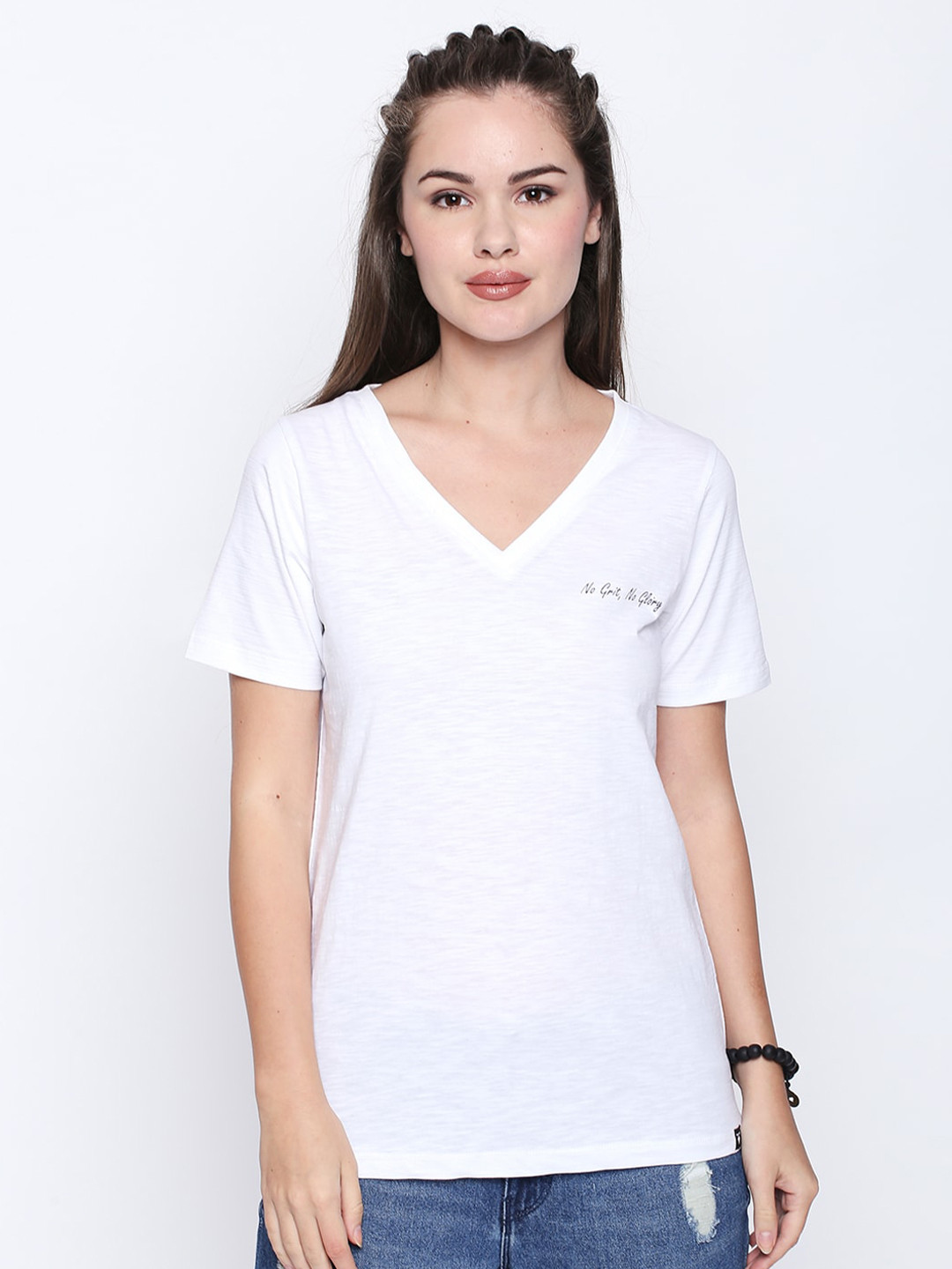 

Disrupt Women White Solid Cotton V-Neck T-shirt