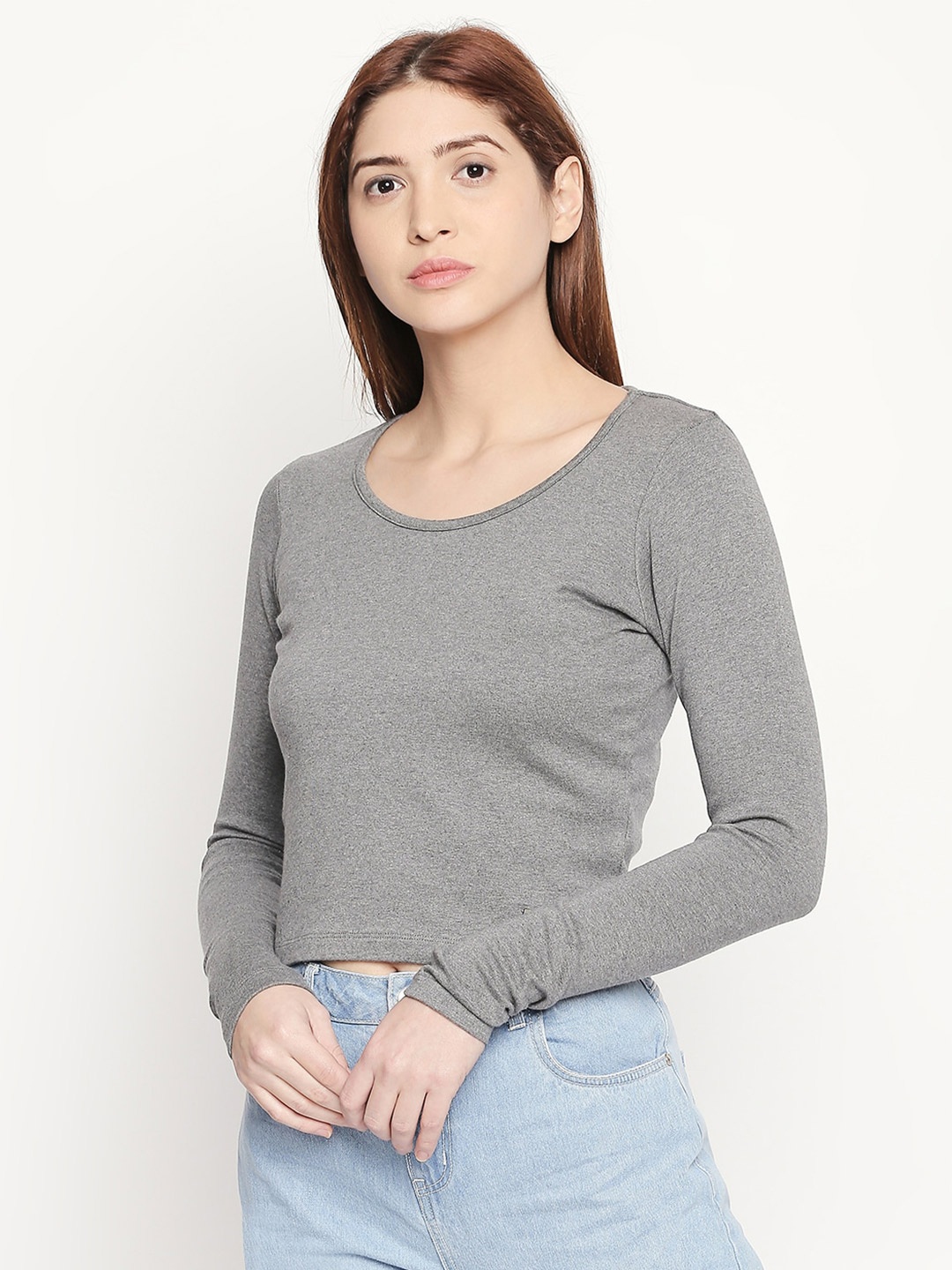 

Disrupt Women Grey round -Neck Drop-Shoulder Sleeves Slim Fit T-shirt