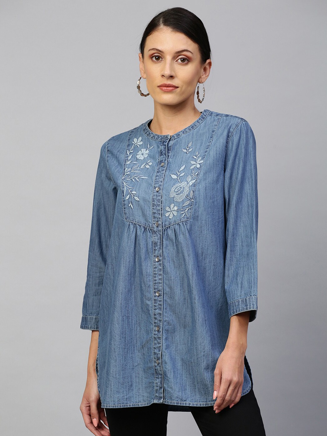 

Chemistry Blue Floral Embroidered Denim Shirt Style Top