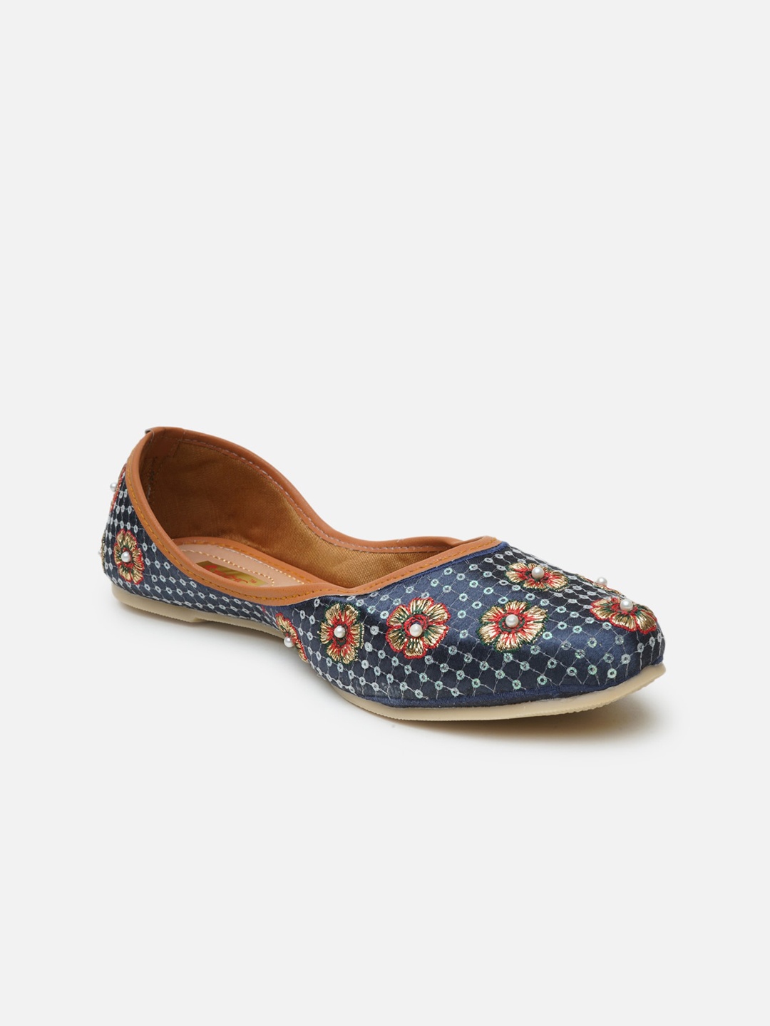 

Ta Chic Women Blue Printed Leather Ethnic Mojaris Flats
