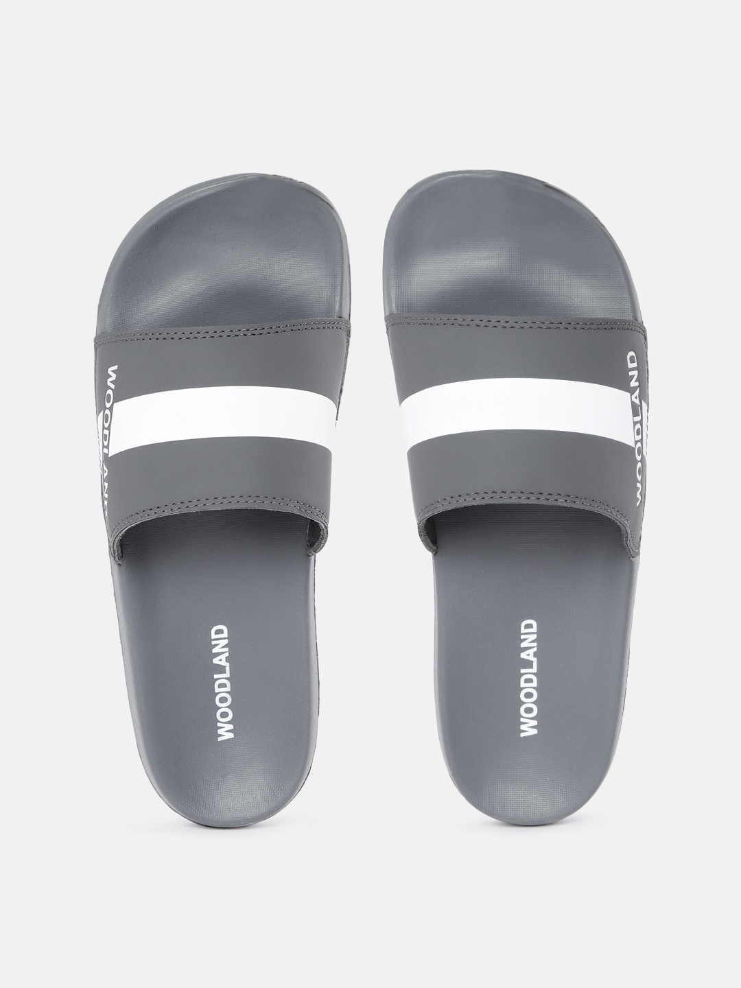 

Woodland Men Grey & White Striped & Brand Logo Print Sliders